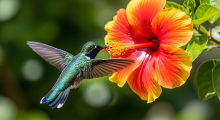 Vibrant Hummingbird Feeding on Orange Hibiscus Flower.