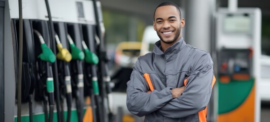 The gas station attendant smiling confidently at fuel pumps in modern service forecourt