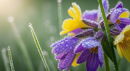 Vibrant Purple and Yellow Flowers with Morning Dew Drops.