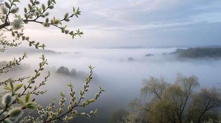 Delicate willow branches with budding catkins frame a misty valley at dawn, evoking serenity and renewal.