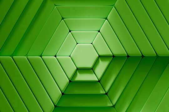 Green geometric layered hexagonal 3d rendering with symmetry