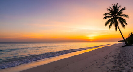Vibrant Tropical Beach Sunset with Palm Tree Silhouette.
