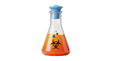 Isolated flask of orange liquid, stoppered with biohazard symbol, represents chemistry risks