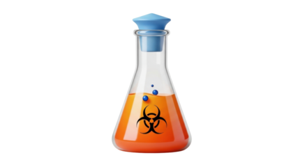 Isolated flask of orange liquid, stoppered with biohazard symbol, represents chemistry risks