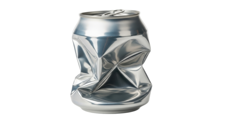 Isolated, severely damaged silver aluminum soda can, crushed and crumpled by compaction, waste