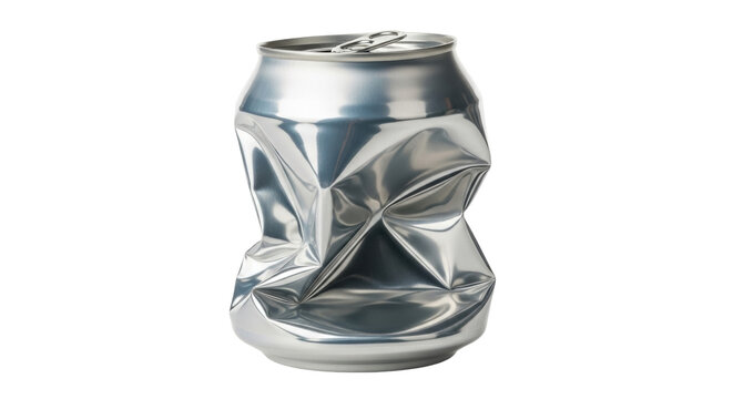 Isolated, severely damaged silver aluminum soda can, crushed and crumpled by compaction, waste