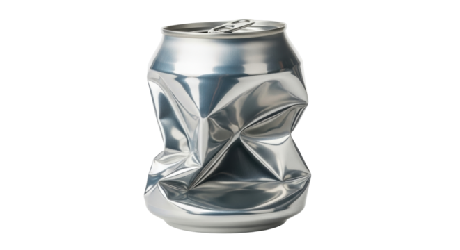 Isolated, severely damaged silver aluminum soda can, crushed and crumpled by compaction, waste