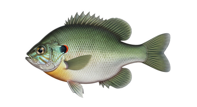 Isolated Bluegill sunfish animal, freshwater angling species, vibrant colors, detailed drawing