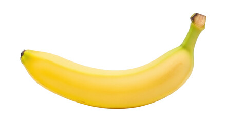 Isolated close-up of a ripe, yellow banana with a smooth, slightly curved shape on display now