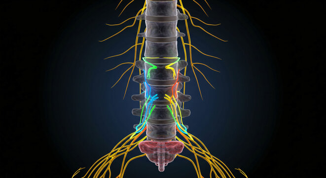 Anatomical 3D Render of Lumbar Spinal Cord and Nerve Tracts Highlighted by Color