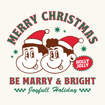 Retro Christmas Cartoon Boys with Santa Hats Vector Illustration