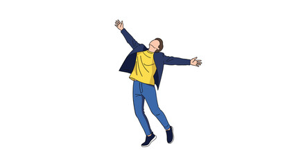 A man in casual clothing is joyfully dancing with his arms outstretched.