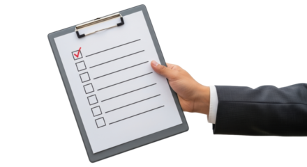 Isolated Business person holding checklist clipboard with first item checked, completion