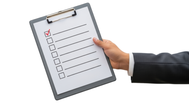 Isolated Business person holding checklist clipboard with first item checked, completion