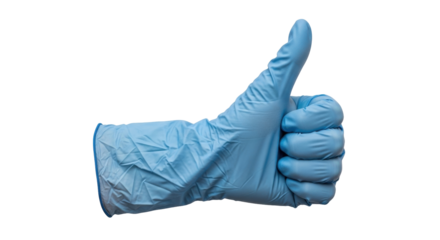 Isolated hand with blue protective glove doing thumbs up gesture of approval isolated