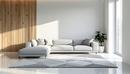 Fototapeta premium Modern minimalist living room featuring a light gray sofa, wooden wall accents, and a potted plant