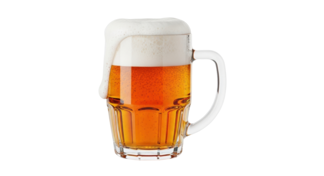 Isolated mug of beer with foam overflowing, beverage for pub or party, ale, drink, light
