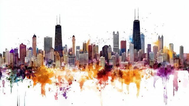 Colorful city skyline showcasing urban landscape with vibrant splashes of color during a bright day in Chicago