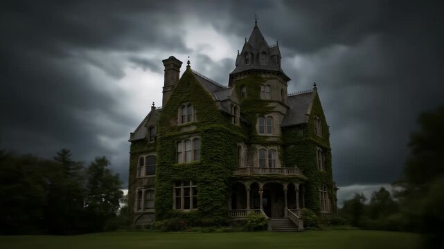 Gloomy Gothic Castle Exterior With Dark Stormy Clouds Overhead
