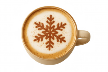Coffee drink in a mug creating snowflake latte art, representing winter holidays and festive season