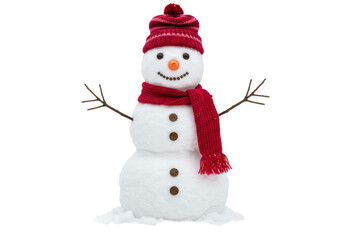 Isolated Snowman wearing red hat and scarf, Christmas icon, winter character, decoration art