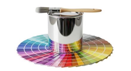 Isolated paint can on colorful fan deck with brush for home improvement projects indoor, DIY