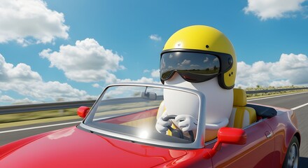 Animated character drives a red convertible on a sunny highway, wearing a yellow helmet