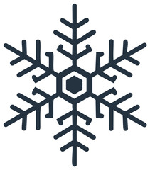 Simple symmetrical snowflake icon with a hexagonal center. A clean winter weather and holiday symbol illustration.