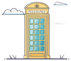 Cartoon Yellow Telephone Booth with Blue Glass and Clouds in the Sky