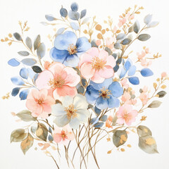 Obraz premium Watercolor floral bouquet with gold foil accents, featuring pink and light blue flowers