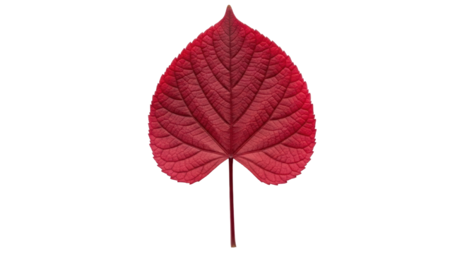 Isolated crimson red leaf with intricate veins, detailed organic shape on neutral backdrop