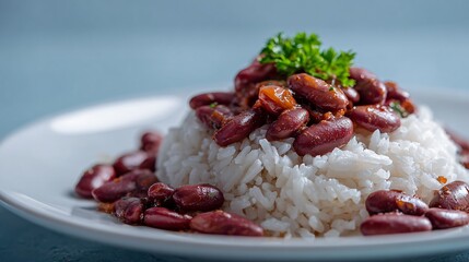Red beans and rice plated on white dish, pastel blue background, minimal modern aesthetic, copy space