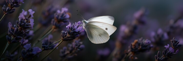 White butterfly on lavender flowers at dusk