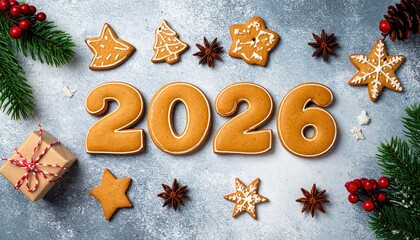 Ginger biscuits of the form of numbers and 2026 new year ginger cookies on grey background 