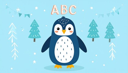 Animated, cheerful cartoon featuring an adorable penguin surrounded by wintery elements and alphabet