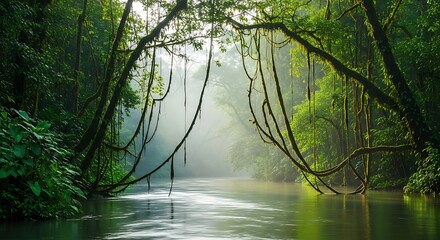 Winding River Through Lush Green Rainforest With Hanging Vines jungle water