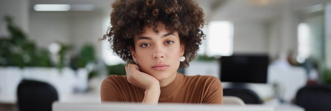 Young hispanic female in office setting with thoughtful expression - Powered by Adobe