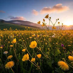 Beautiful Wildflower Meadow at Sunrise.
