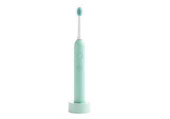 Isolated turquoise electric toothbrush stands in a charging base for daily teeth cleaning