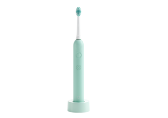 Isolated turquoise electric toothbrush stands in a charging base for daily teeth cleaning
