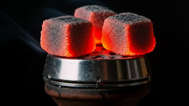 Glowing Red Hookah Coals on Metal Burner with Smoke