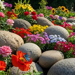 Colorful Flower Garden with Rocks.