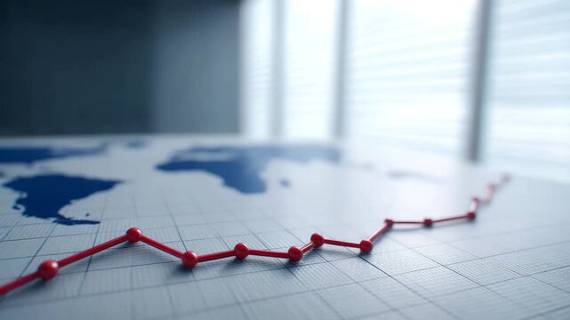 Red line graph on world map background showing financial growth, economic data, business chart analytics, global market statistics, and success trends in modern office environment - Powered by Adobe