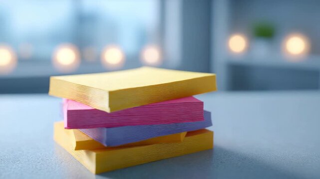 Stack of yellow, pink, and purple sticky note paper modern office workspace, stationery organization and productivity concept with blurred lights, calm atmosphere, and stack arrangement for efficient