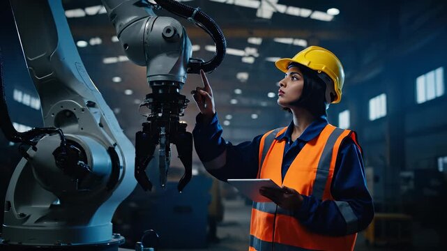 Engineer inspects industrial robot in factory. Worker uses tablet to control automation system. Safety gear and machinery seen on manufacturing floor. Production data are reviewed. Quality check.