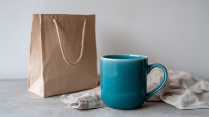 Vibrant teal coffee mug alongside a paper bag of oatmeal raisin cookies on textured linen surface illuminated by bright daylight, closeup highangle shot with ample copy space