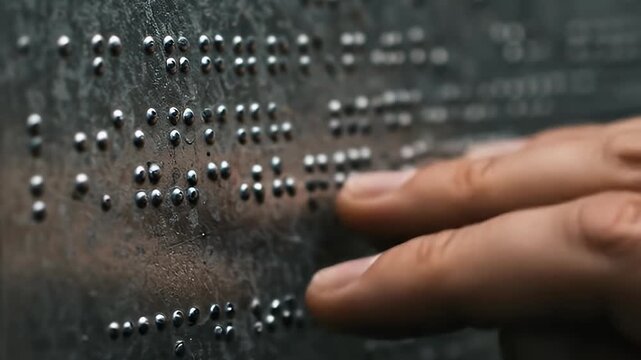 Realistic close-up of fingers reading braille on a metal surface