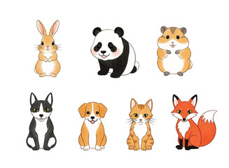 Cute Cartoon Animals Set Bunny Panda Hamster Dog Cat Fox Adorable Illustrated Pets Wildlife Collection