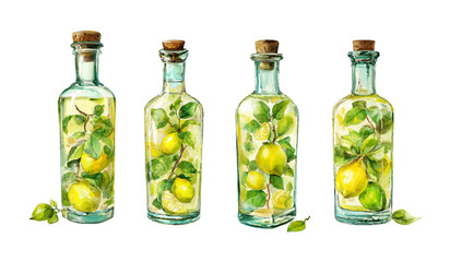 Watercolor bottles with limoncello. Glass bird with limoncello and lemons inside. alcoholic Mediterranean drinks. Summer refreshing lemon drinks. Vector illustration.