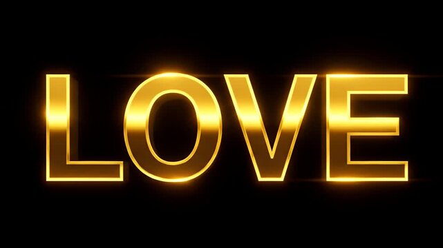 Golden 3D LOVE Text With Black Background And Light Effects